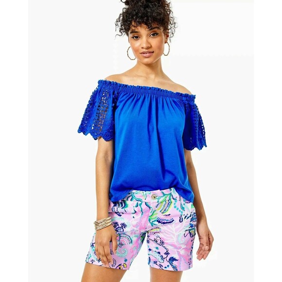 Lilly Pulitzer Tops - Lilly Pulitzer Fayette Off-The-Shoulder Blouse Top Crochet Ruffle Blue XL 287602
